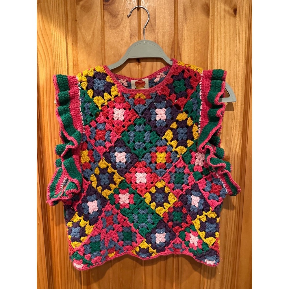 FARM Rio Crochet Square Vest Multicolor Ruffle Sleeve Medium - Picture 2 of 7